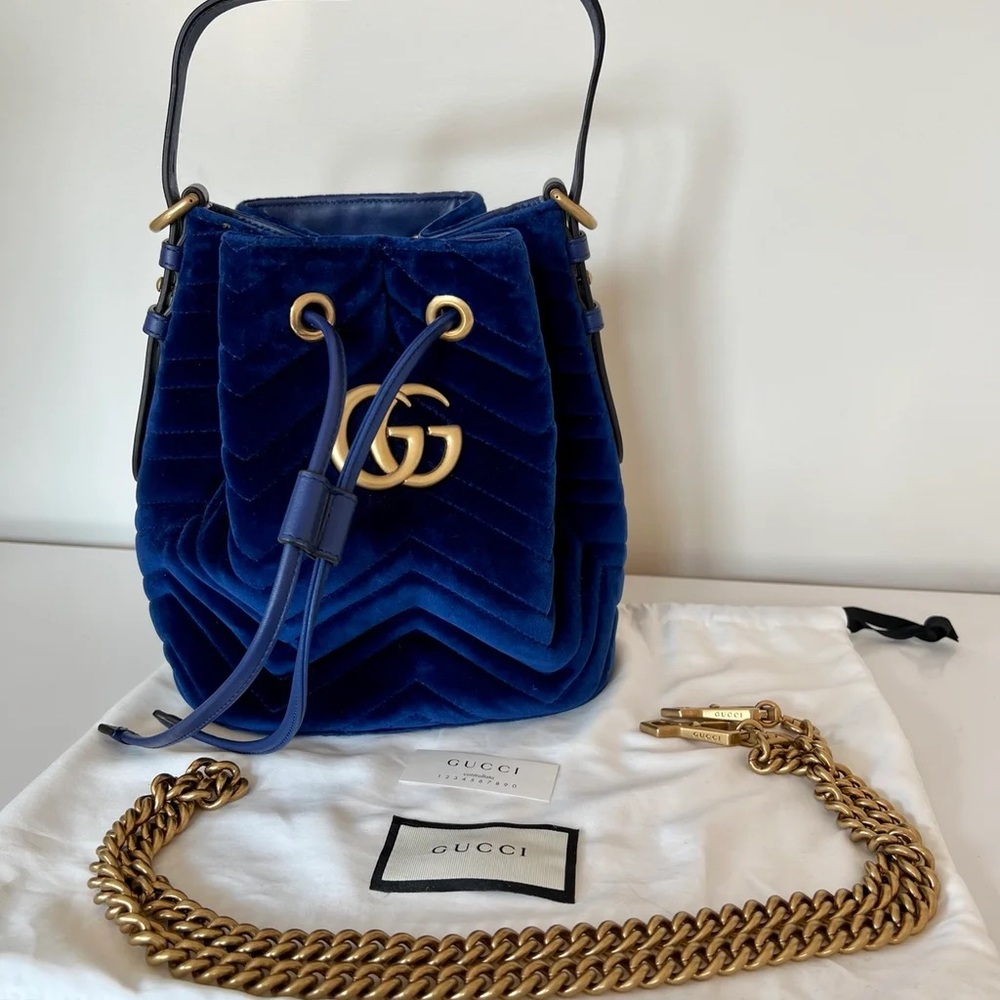 BRAND NEW Authentic Gucci GG Marmont Velvet Bucket Bag Blue